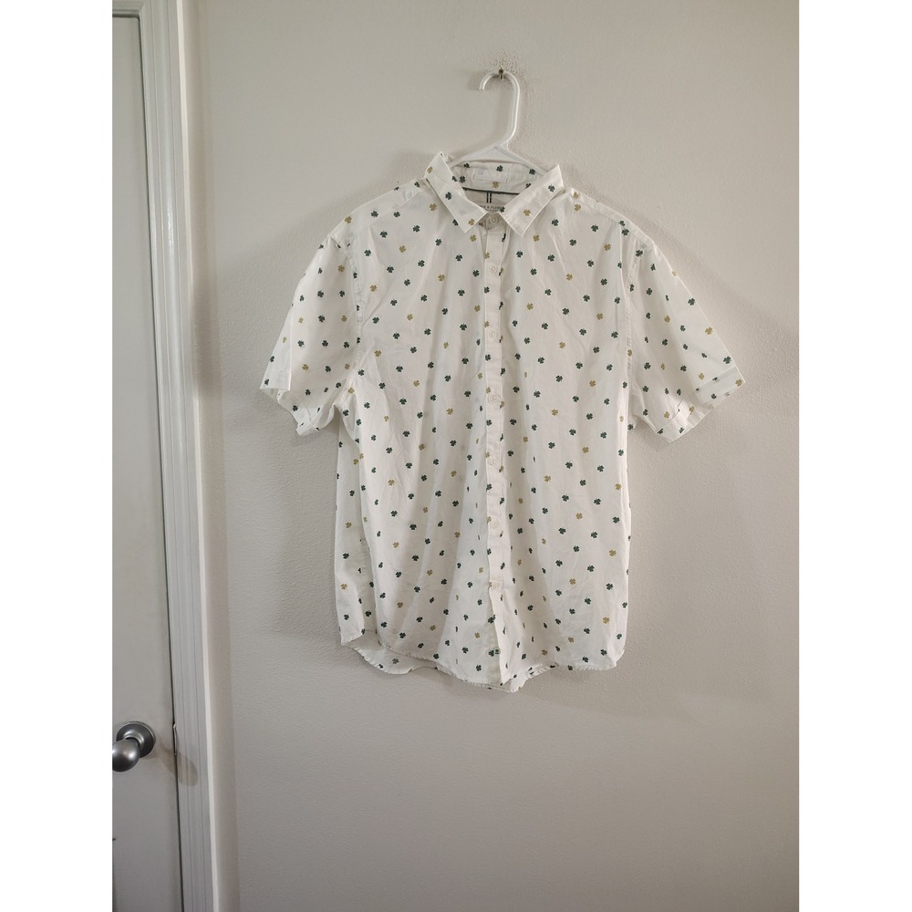 Denim & Flower Ricky Singh Mens XL White Shamrock Print Short Sleeve Button Down